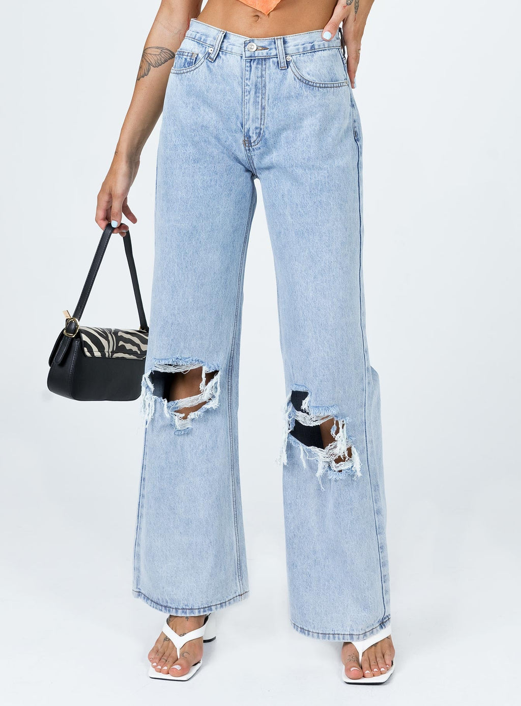 Maple Flare Jeans Knee Rips Light Wash Denim