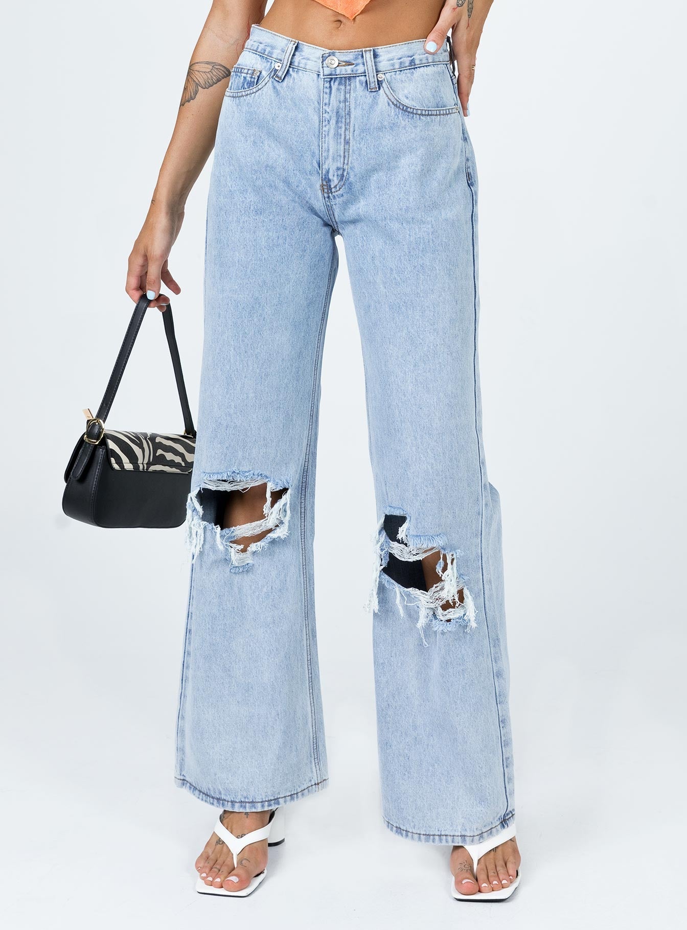 Maple Flare Jeans Knee Rips Light Wash Denim