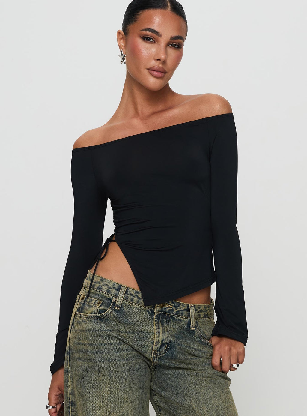 Endellion Off Shoulder Long Sleeve Top Black