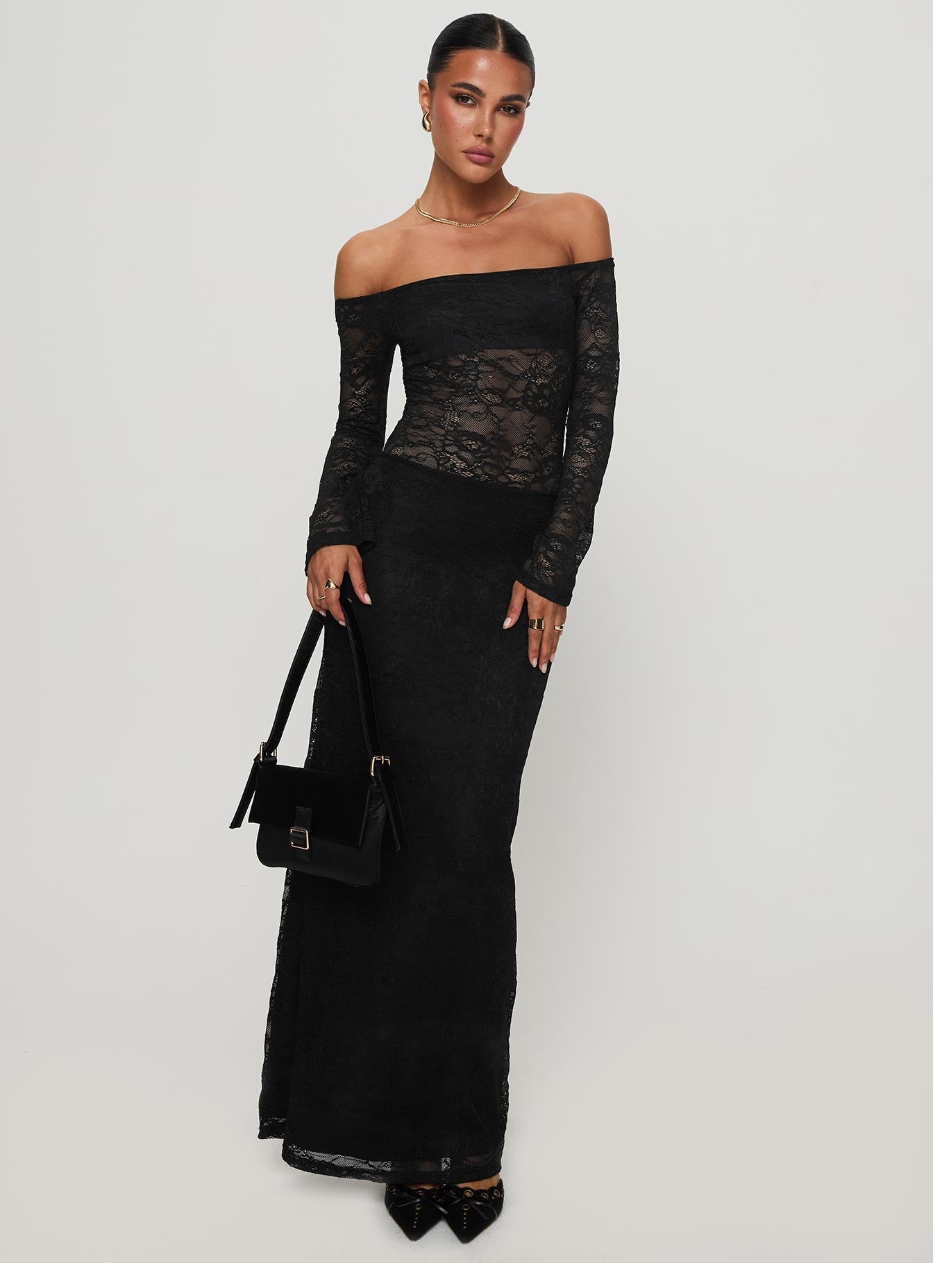 Pinot Grigio Long Sleeve Lace Maxi Dress Black