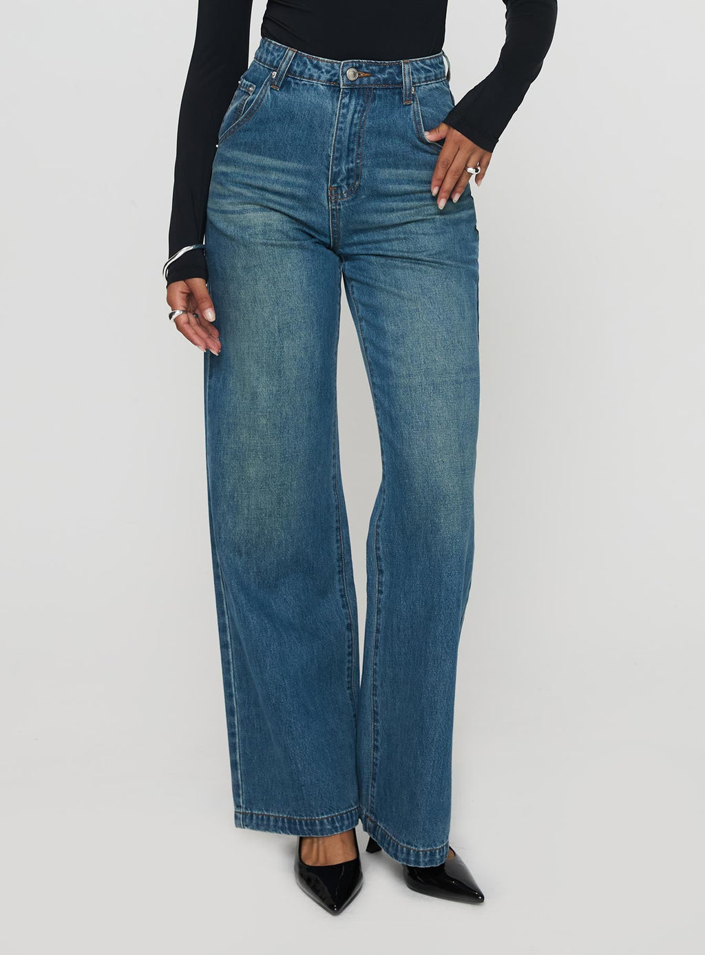 Hustler High Rise Straight Leg Denim Jean Washed Blue
