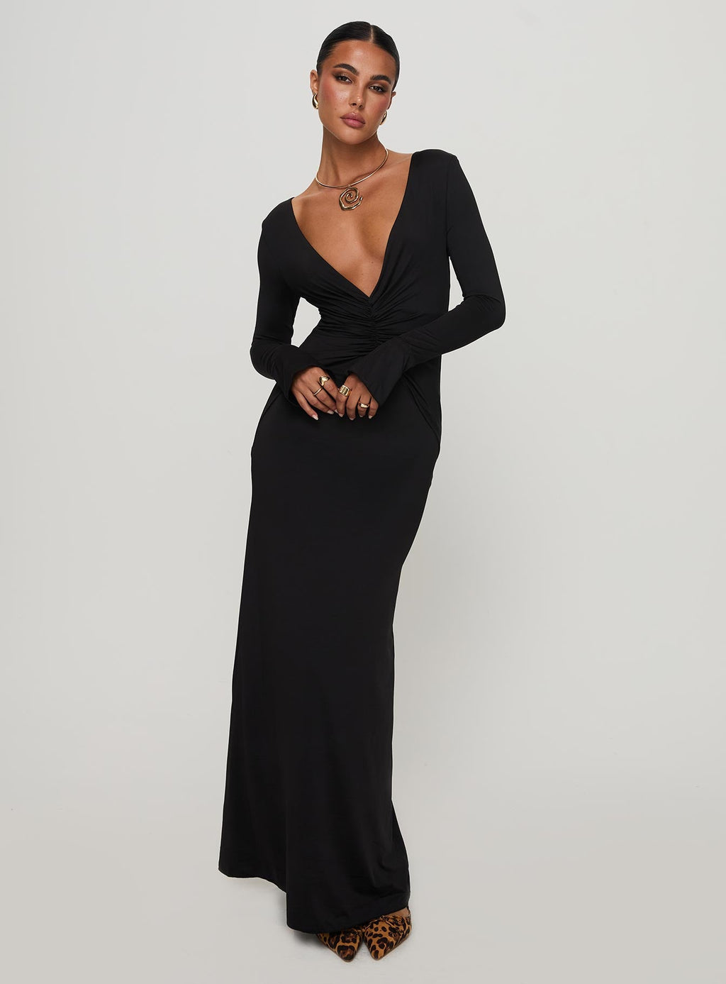 Lezure Plunge Long Sleeve Maxi Dress Black