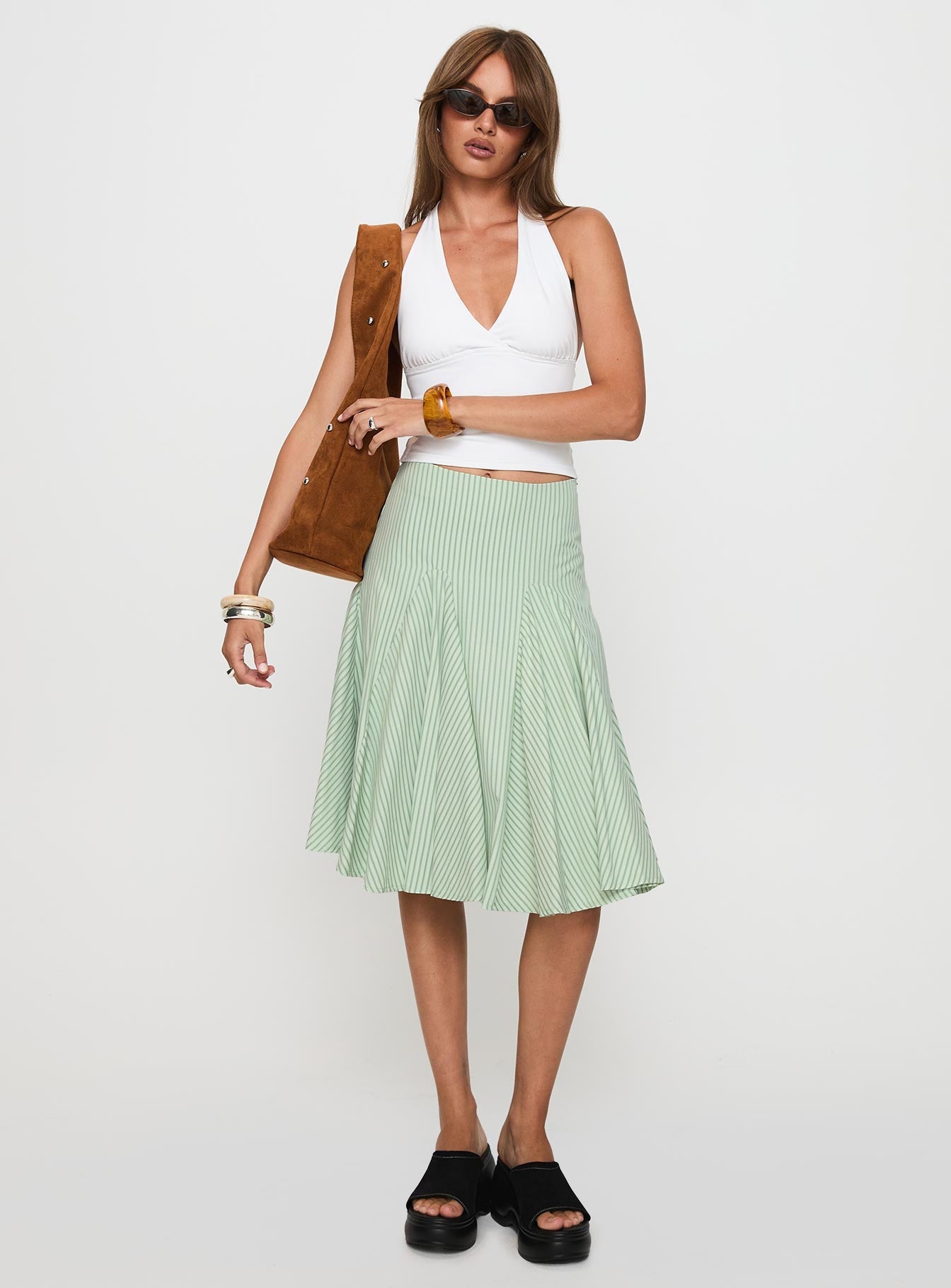 Evangaleine Pleat Midi Skirt Green / White