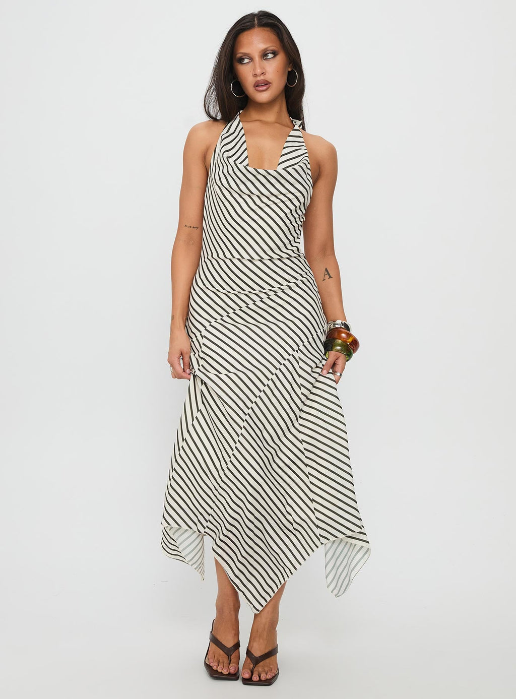 Junipa Halter Asymmetrical Maxi Dress White Stripe