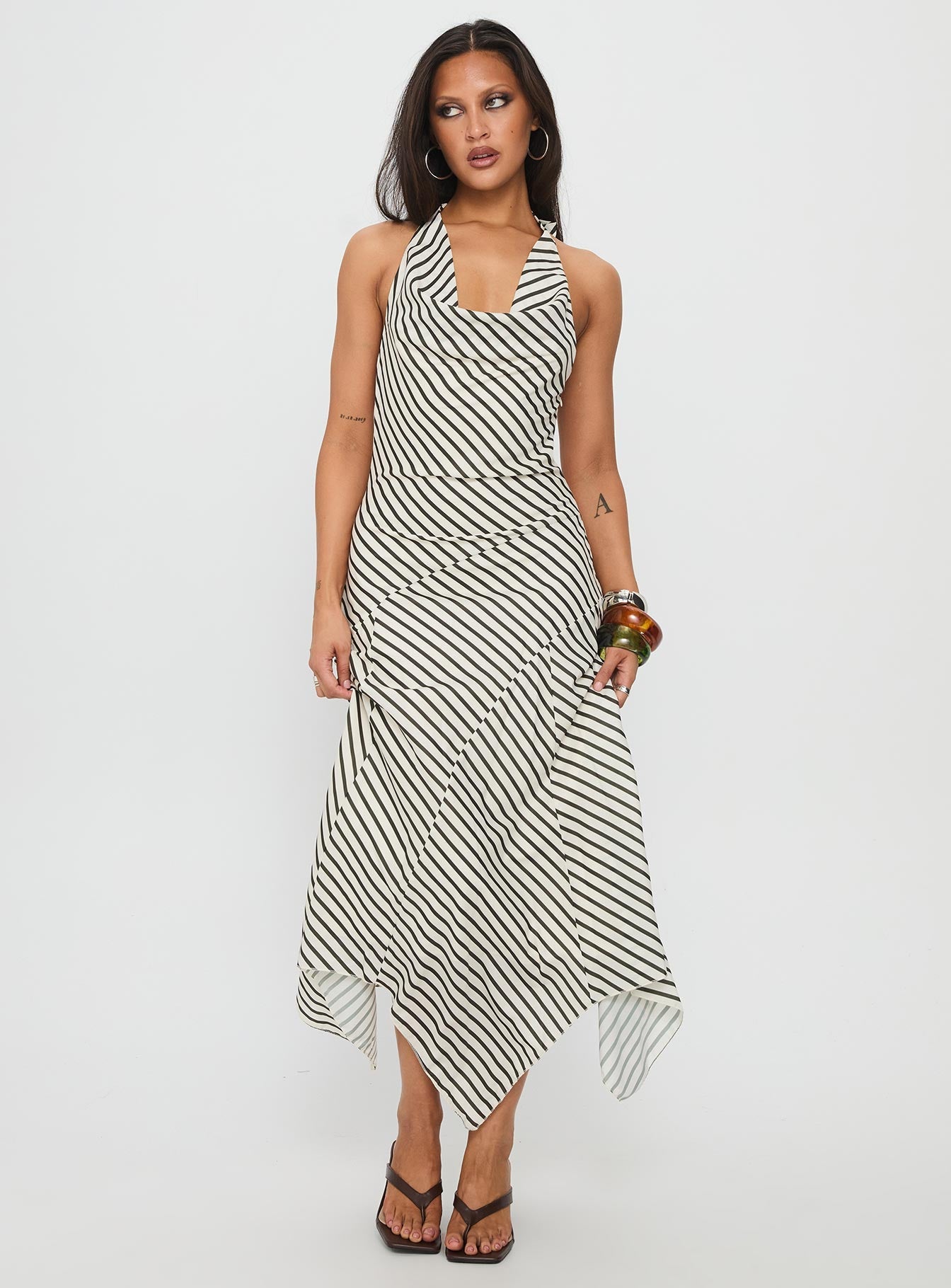 Junipa Halter Asymmetrical Maxi Dress White Stripe