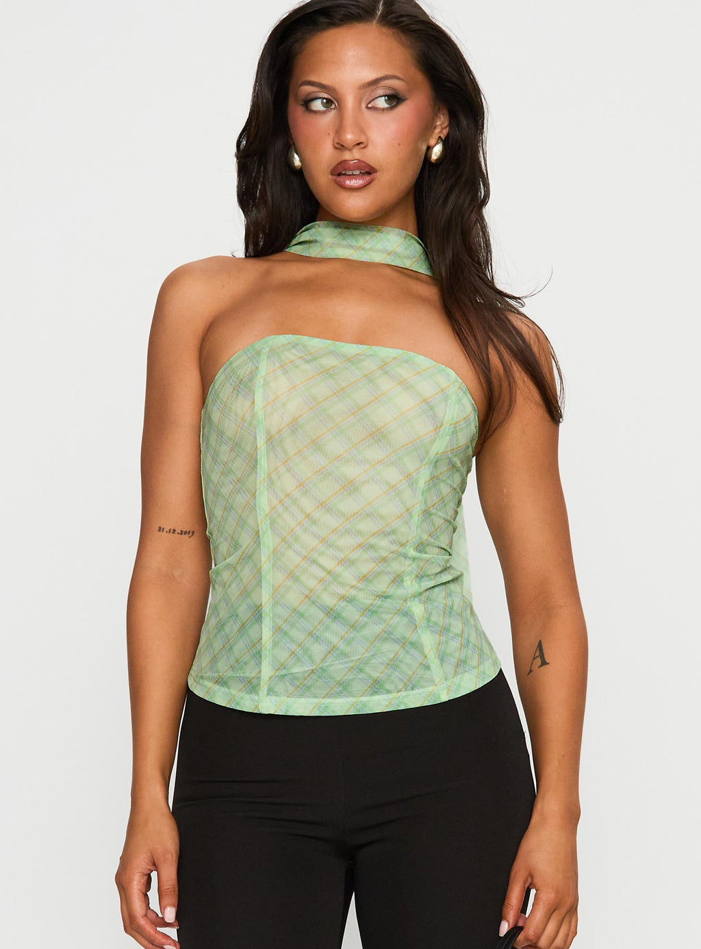 No Comparison Neck Tie Strapless Top Green Check