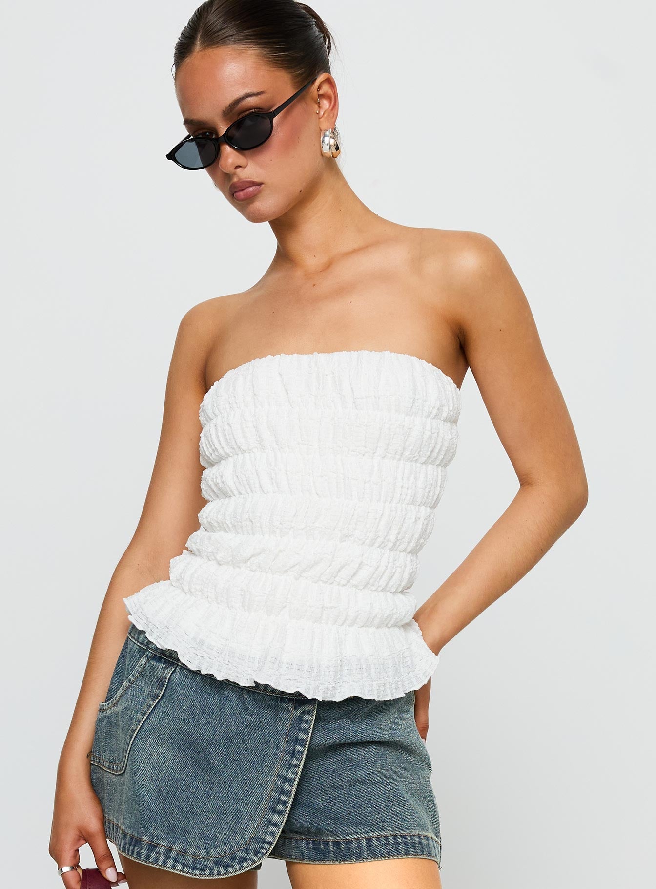 Flashbloom Strapless Ruched Top White