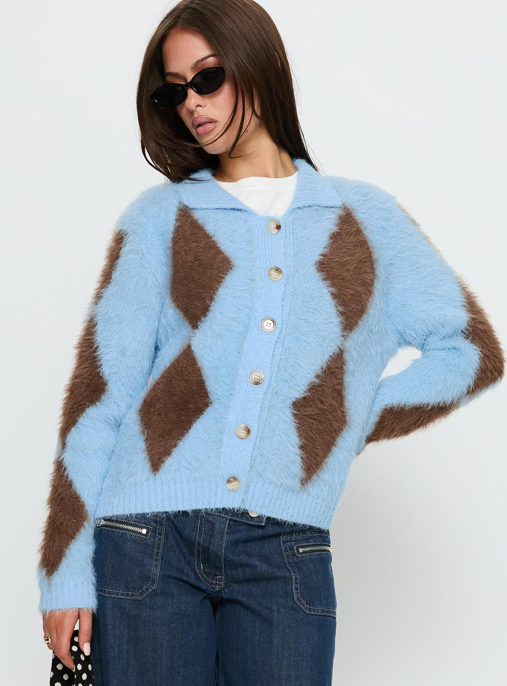 Lynnsey Fluffy Collared Knit Sweater Blue Argyle