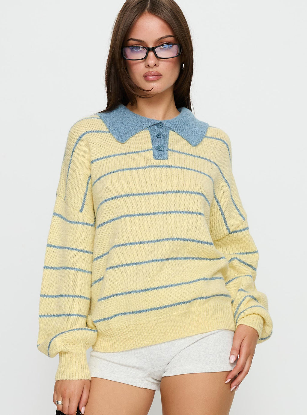 Minda Collared Knit Sweater Yellow Stripe