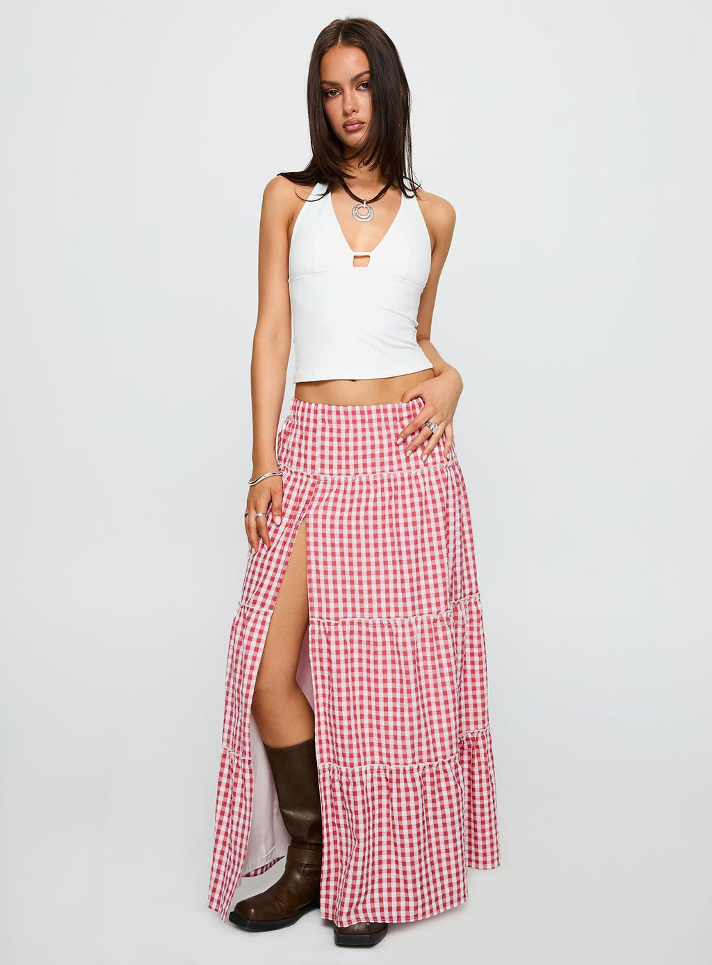 Ilaina Tiered Maxi Skirt Red Check