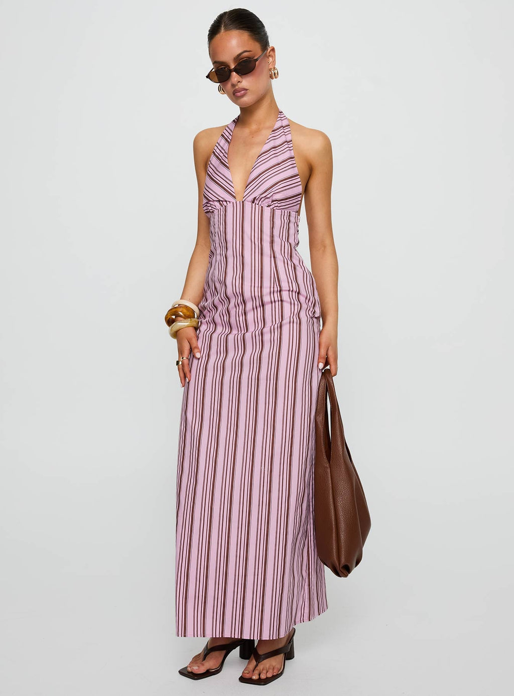 Avrie Halter Maxi Dress Pink / Brown Stripe