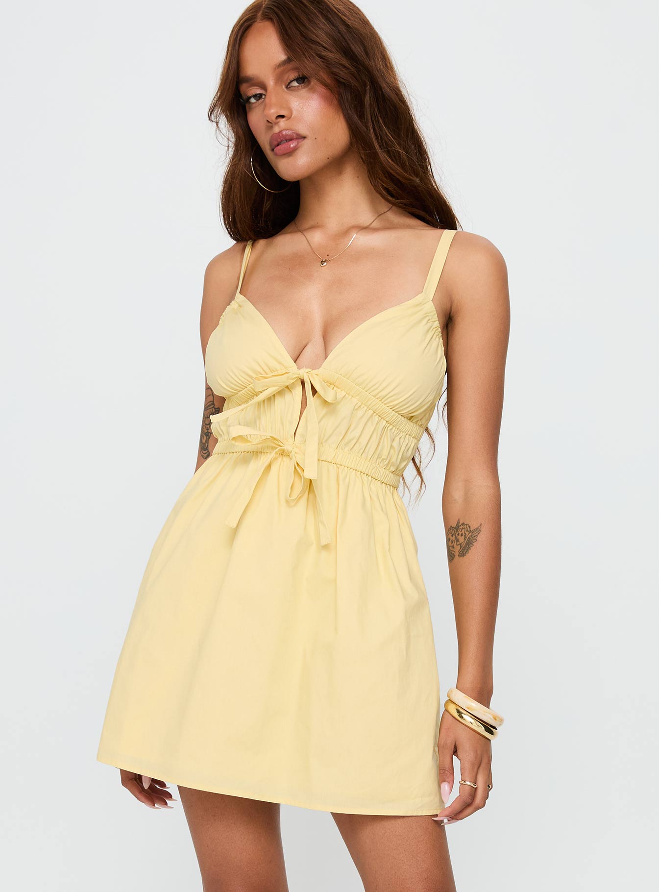 Viviette Ruched Mini Dress Lemon