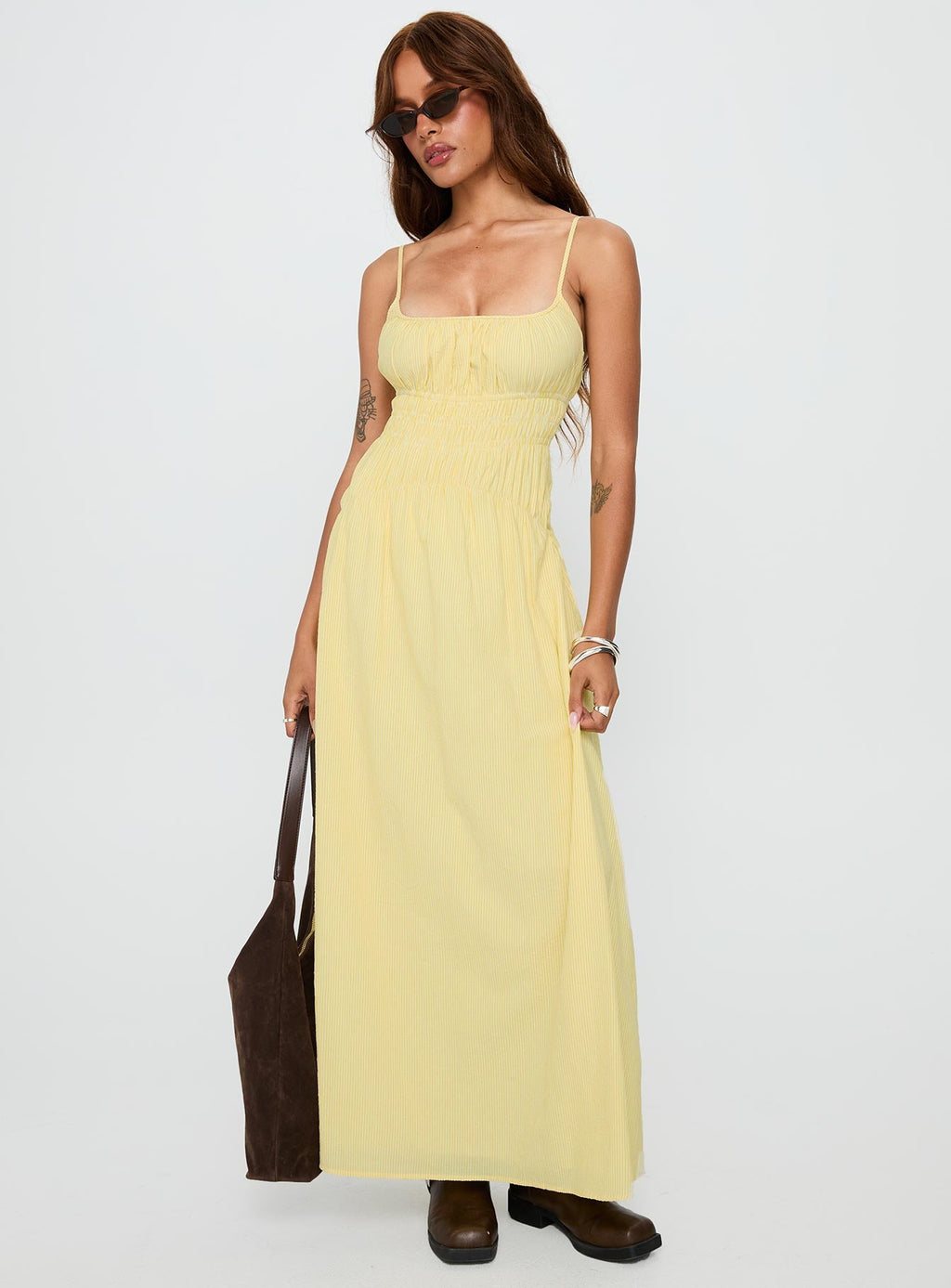 Magnolie Shirred Maxi Dress Yellow Stripe