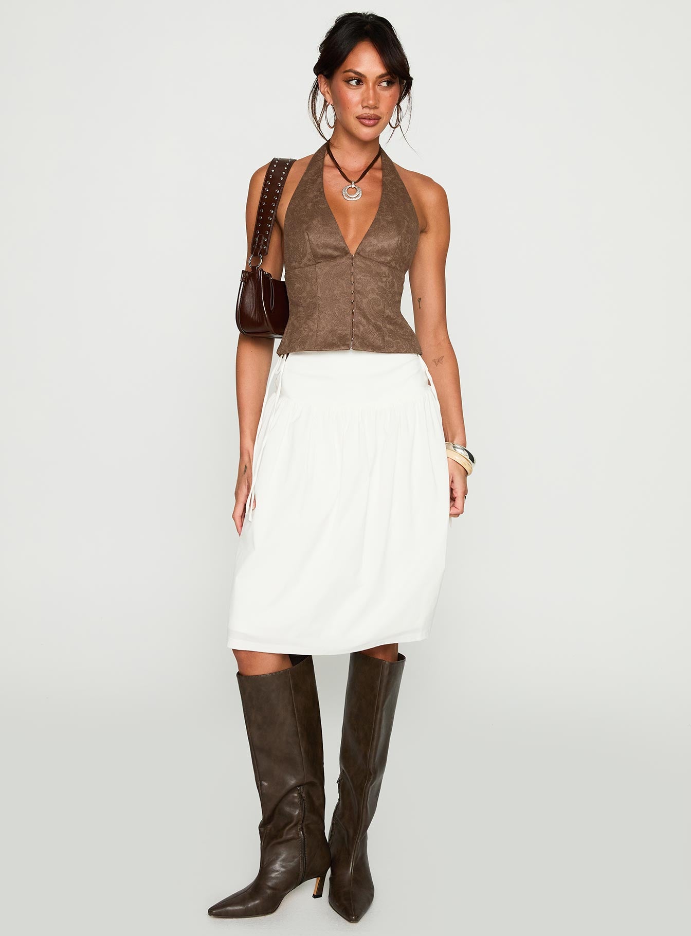 Snowflakes Tie Side Midi Skirt White