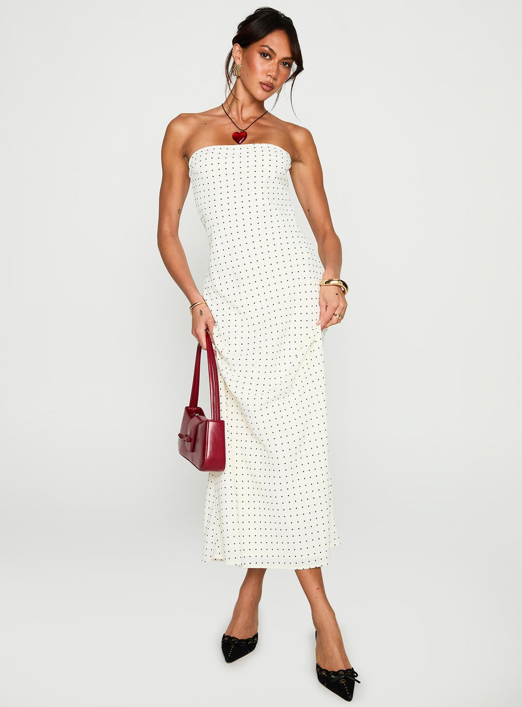 Just For Fun Strapless Maxi Dress White Polka Dot
