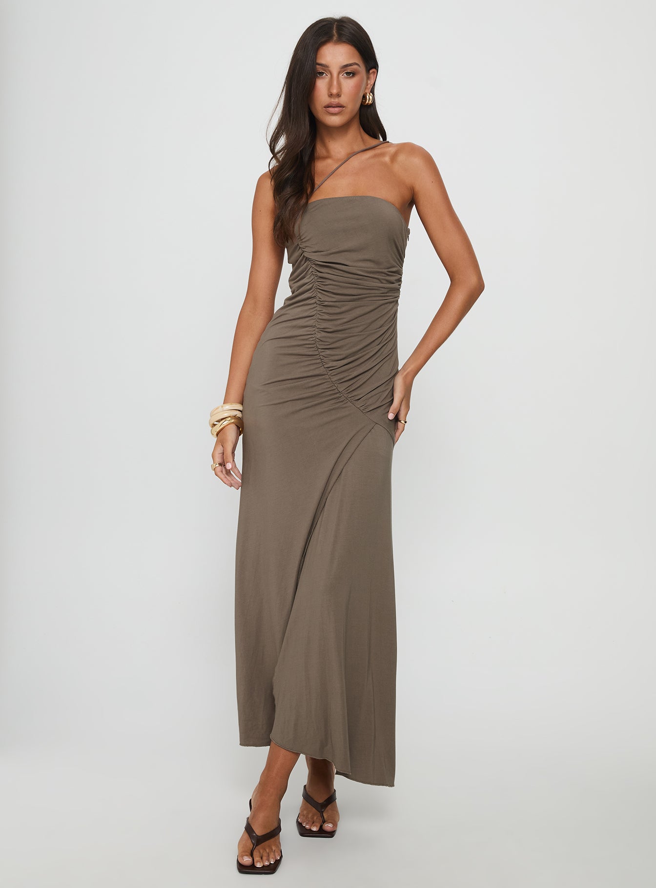 Romanie One Shoulder Ruched Maxi Dress Taupe