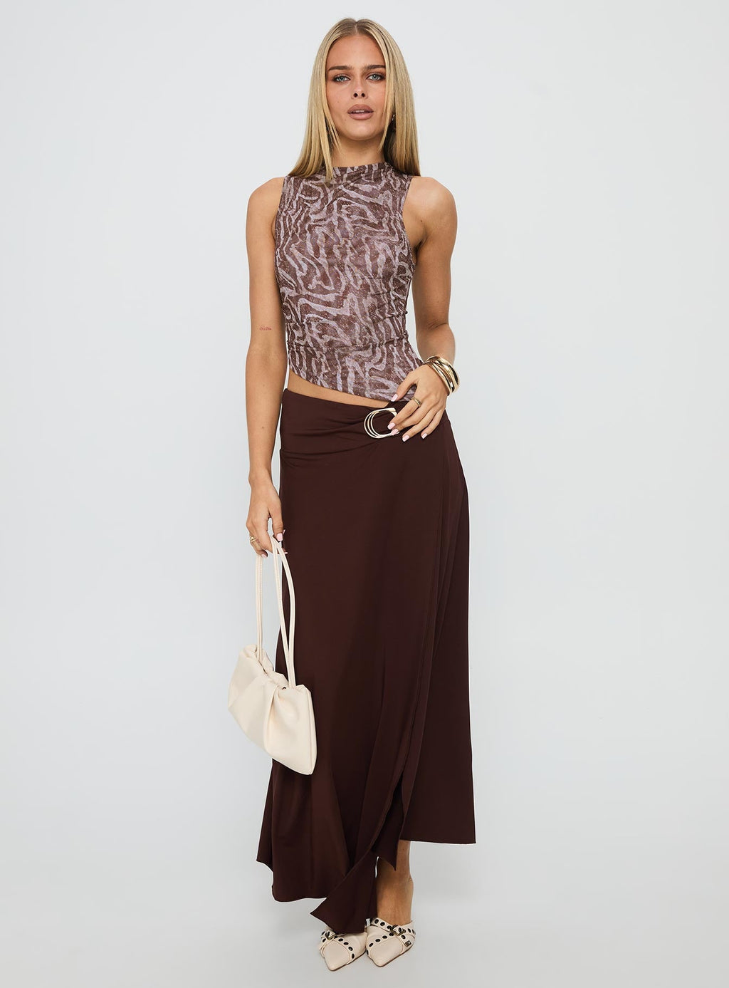 Nola Hardware Slit Maxi Skirt Brown
