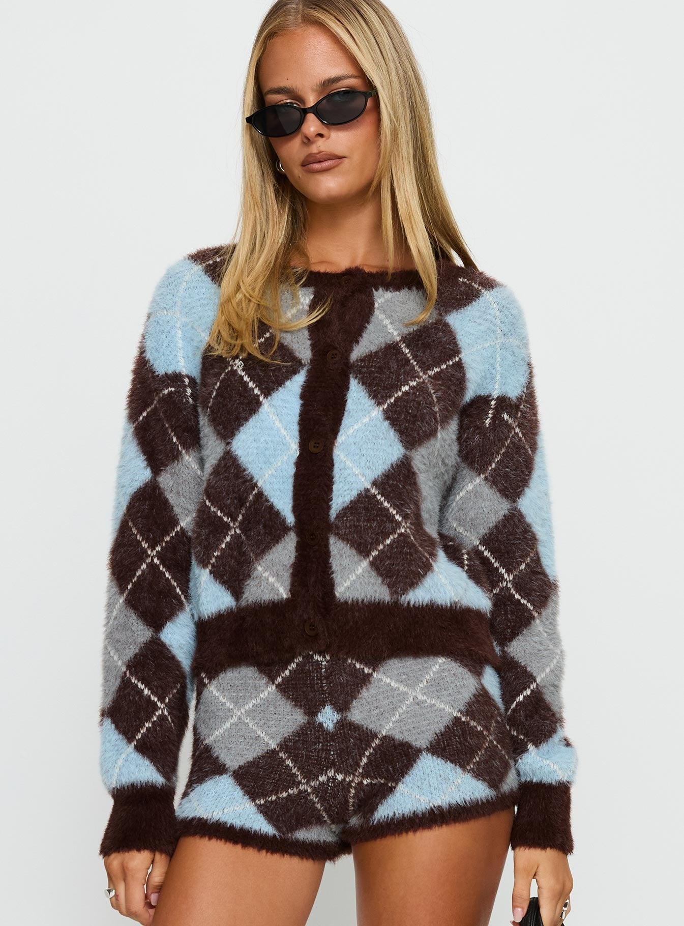 Kenlea Button Up Cardigan Blue Argyle