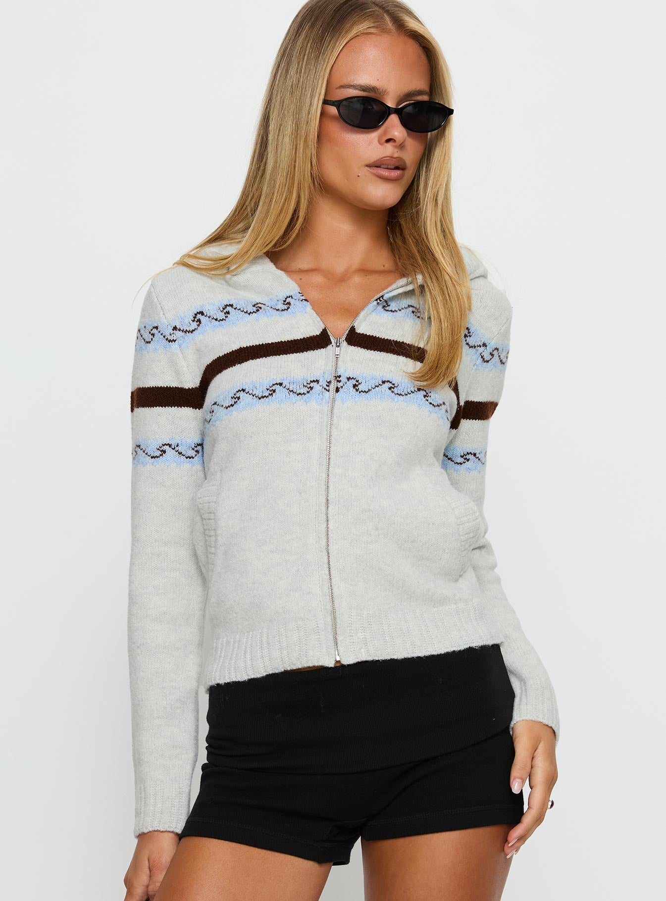 Zaylina Graphic Zip Through Knit Sweater Grey