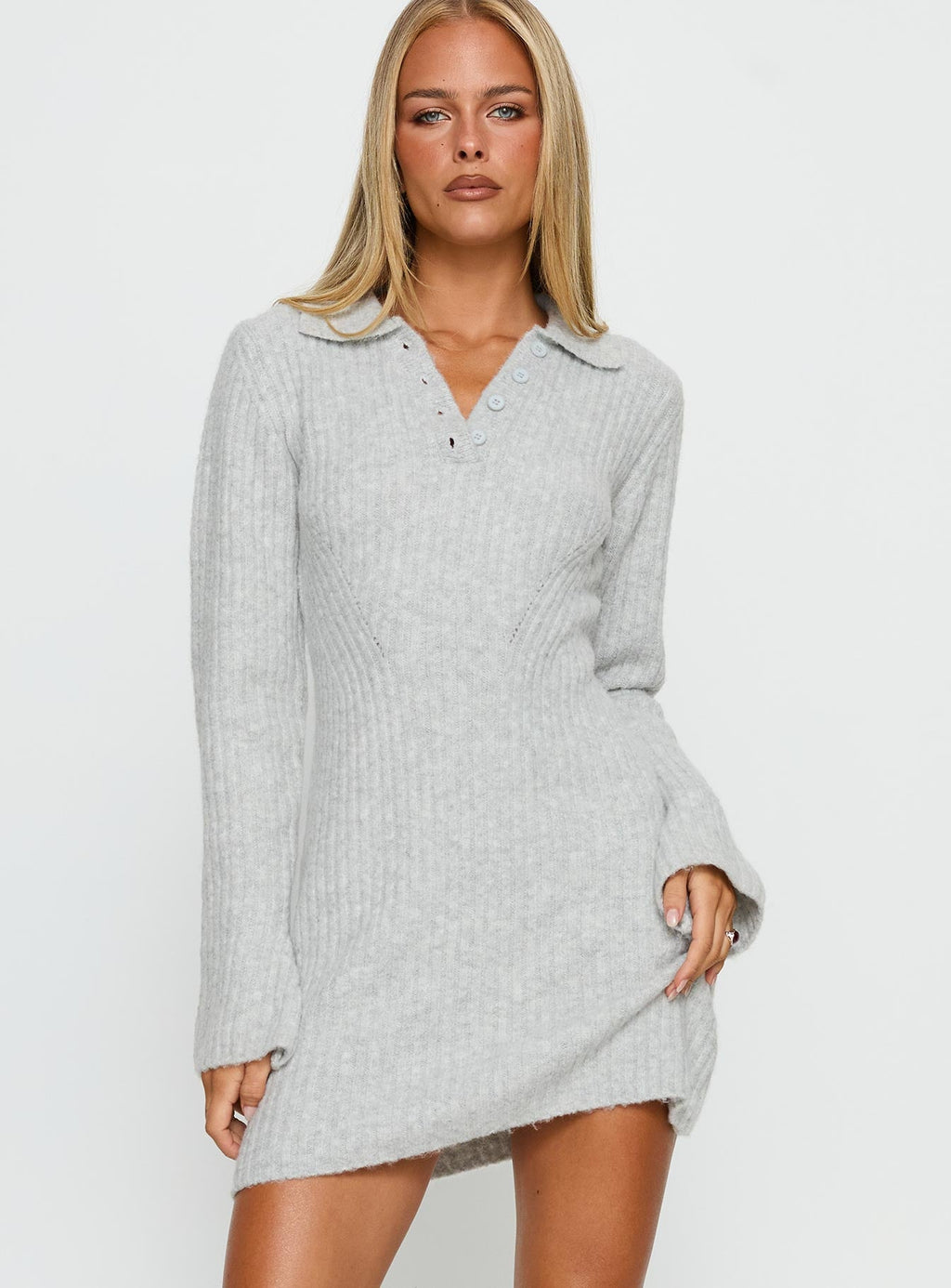 Naloma Knit Long Sleeve Mini Dress Grey Marle