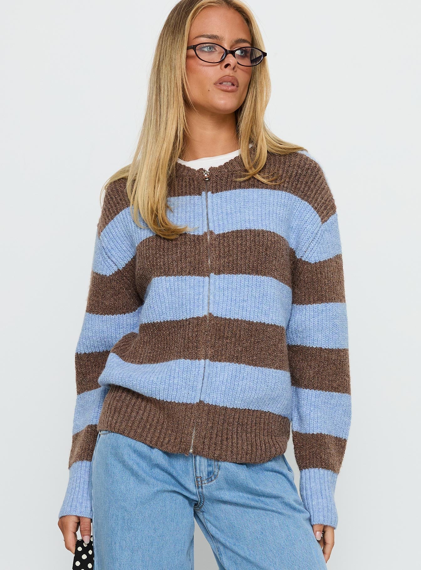 Queena Zip Through Knit Sweater Blue Stripe