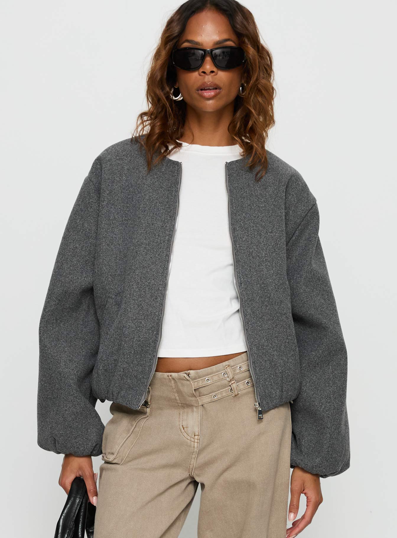 Karletta Cropped Bomber Jacket Grey