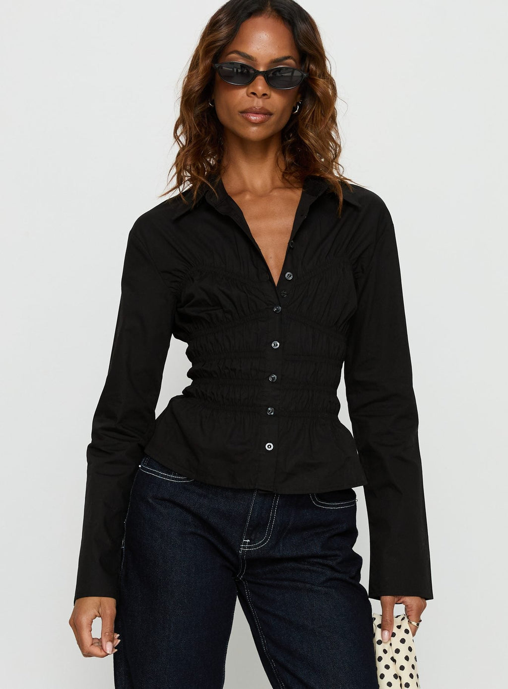 Liesel Shirred Long Sleeve Top Black