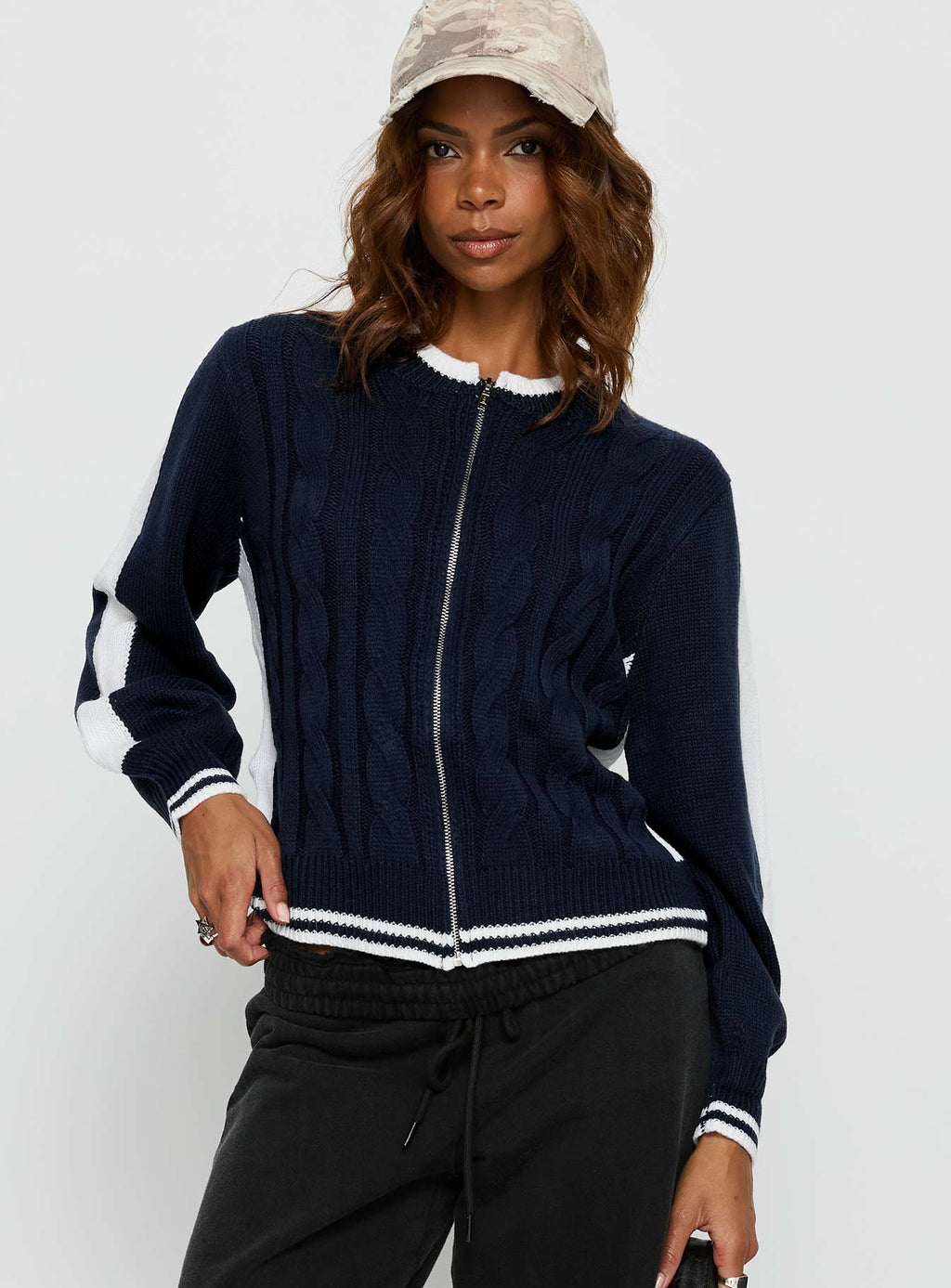 Tevyn Cable Knit Zip Through Knit Sweater Blue / Cream