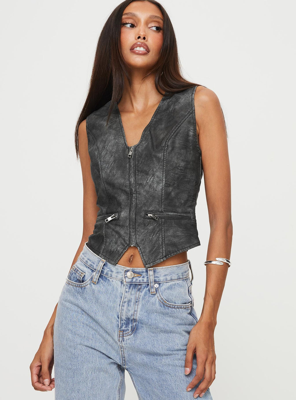 Zillman Faux Leather Vest Top Charcoal