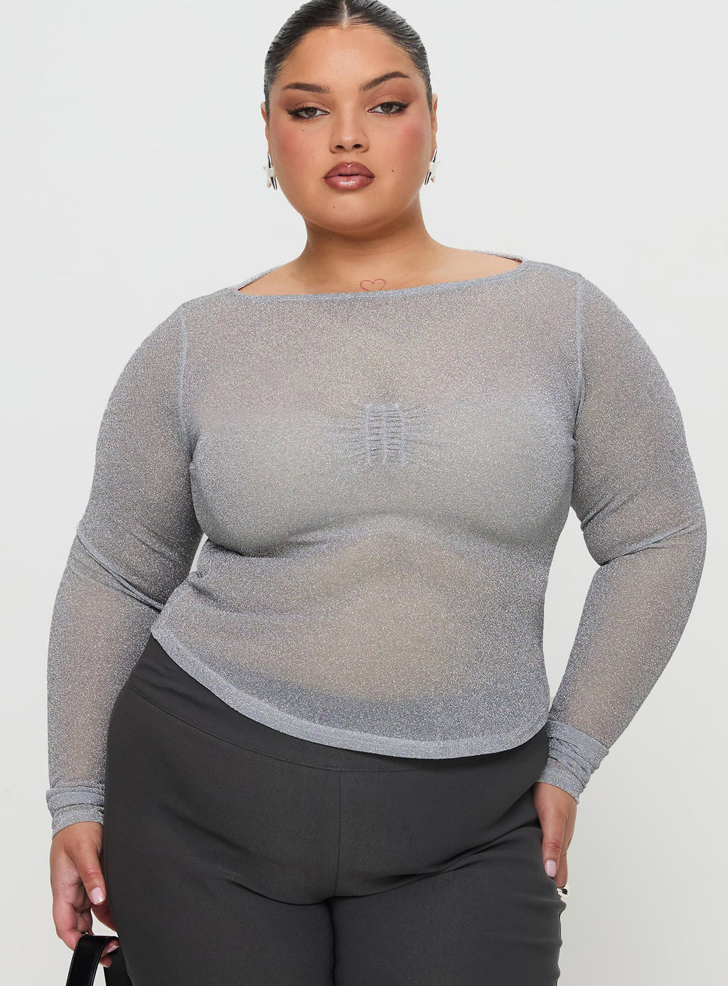 Crystal Clear Long Sleeve Mesh Top Silver