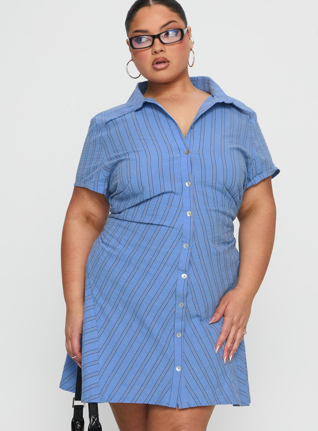 Saydie Button Down Mini Dress Blue Stripe Curve