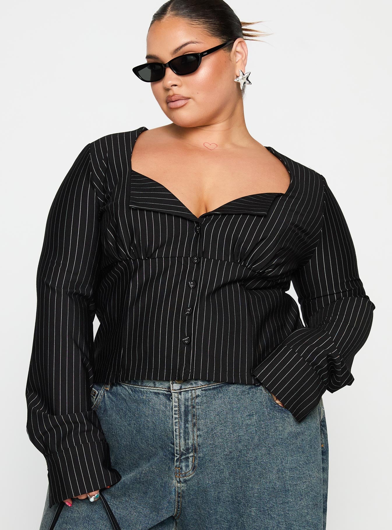 Set For Life Foldover Detail Long Sleeve Top Black / White Pinstripe Curve