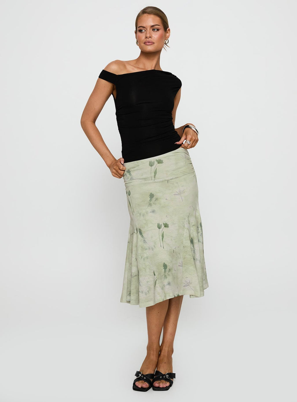 Lewish Low Rise Midi Skirt Green Floral