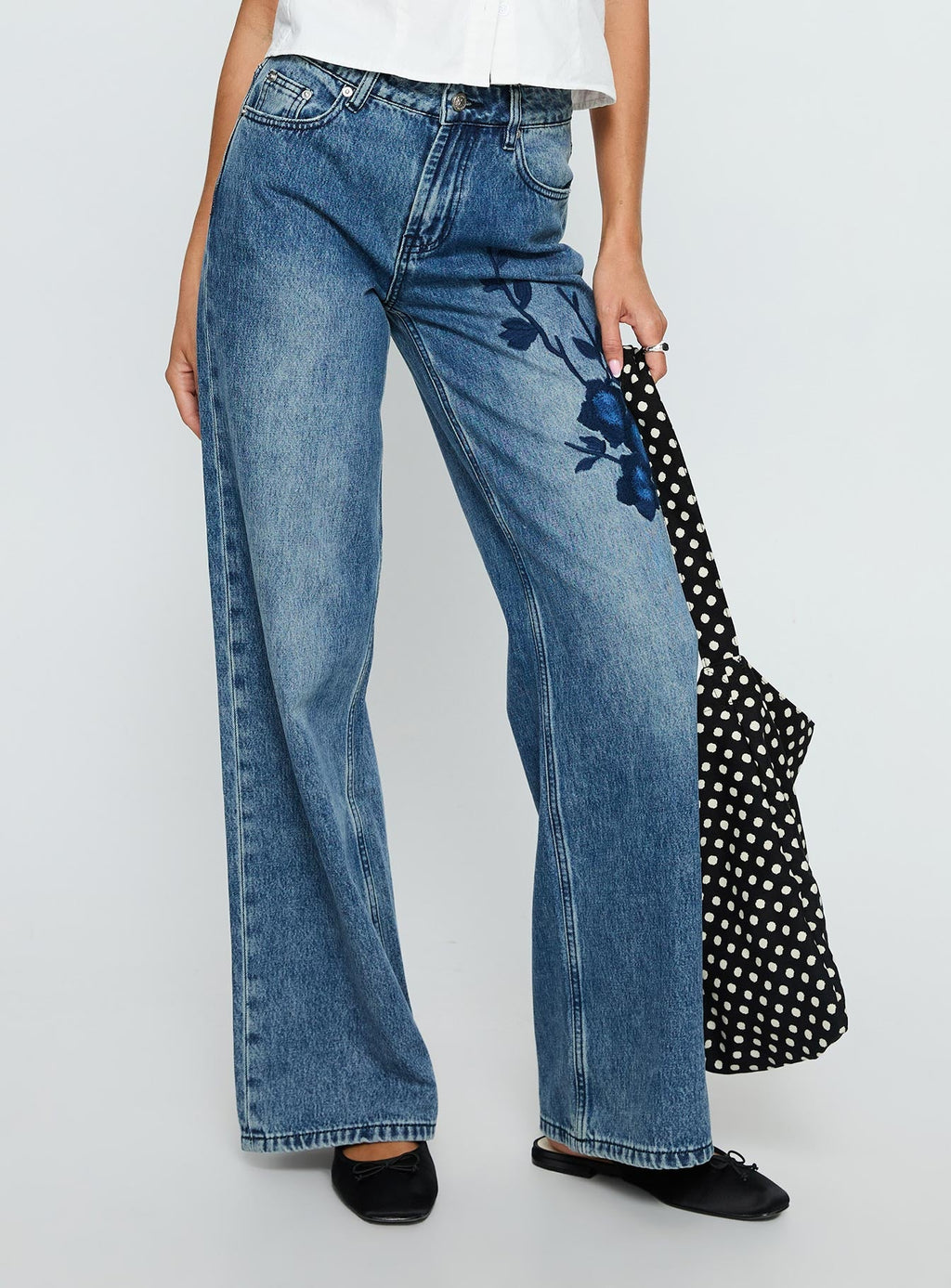 Sisterhood Mid Rise Wide Leg Patchwork Jeans Mid Blue Wash