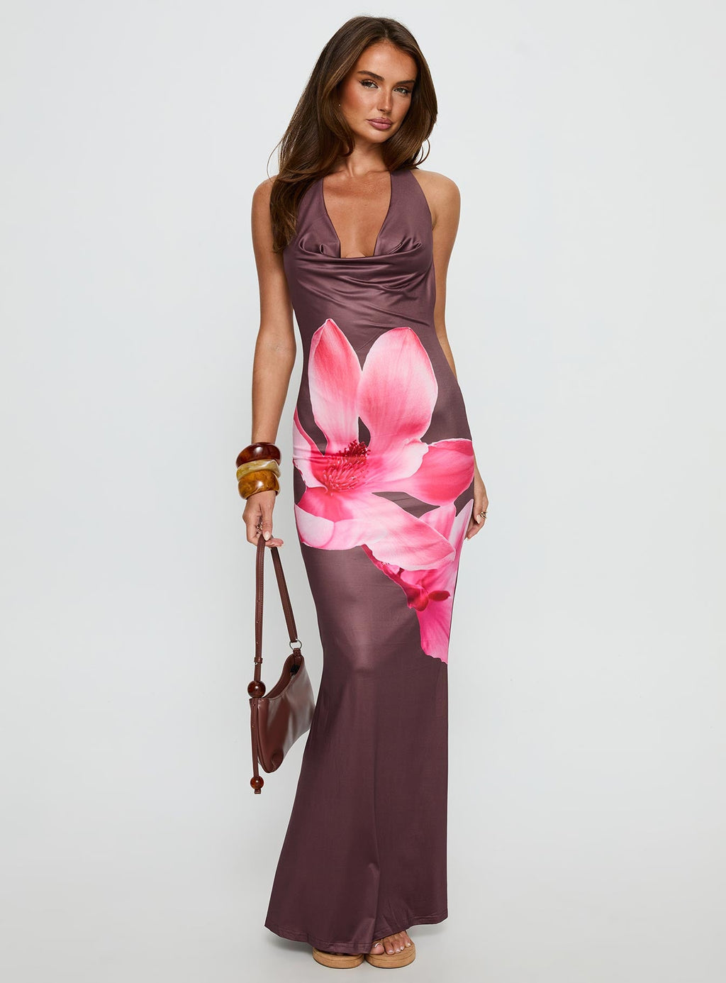 Raleina Halter Cowl Neck Maxi Dress Brown Floral