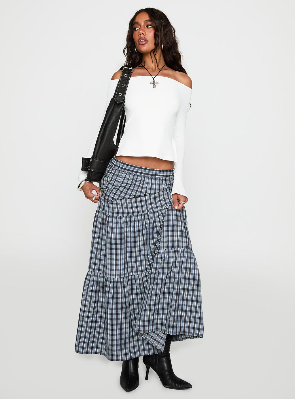 Rockwell Tiered Midi Skirt Navy Check