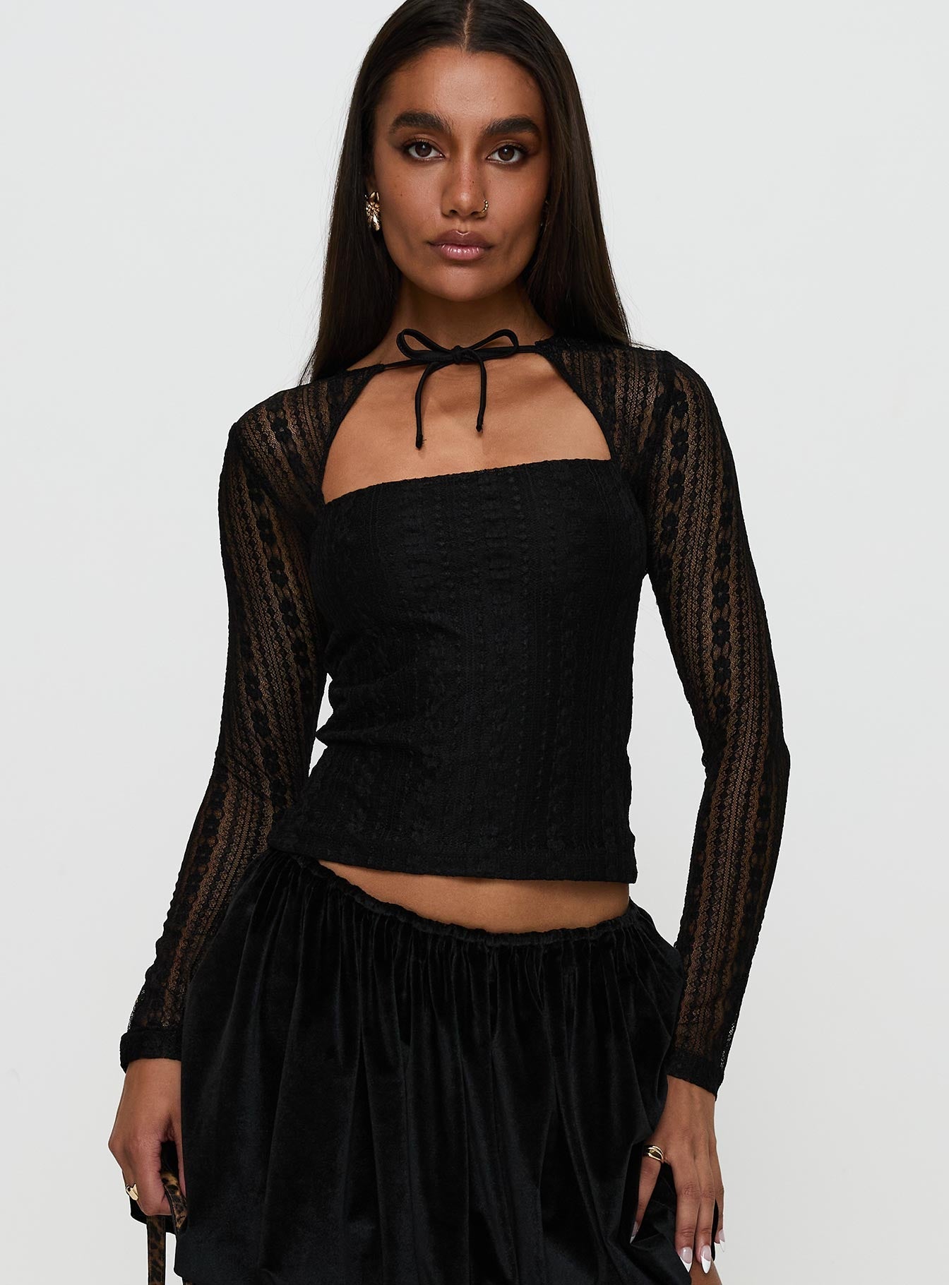 Worth My Time Tie Neck Cut Out Top Black