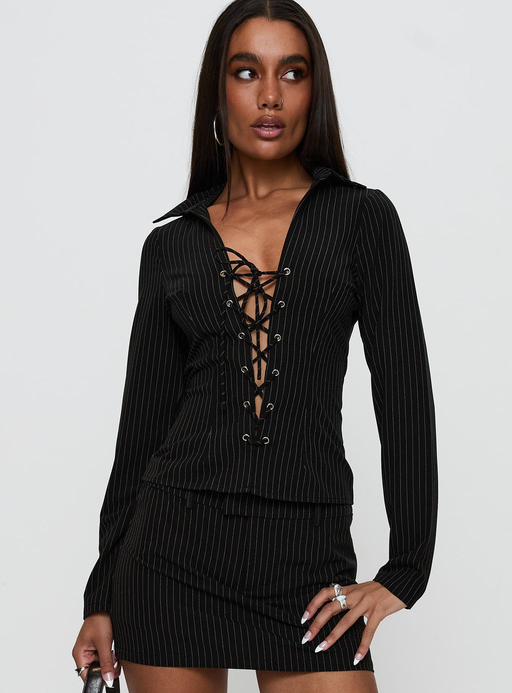Feminique Tie Up Long Sleeve Top Black Stripe