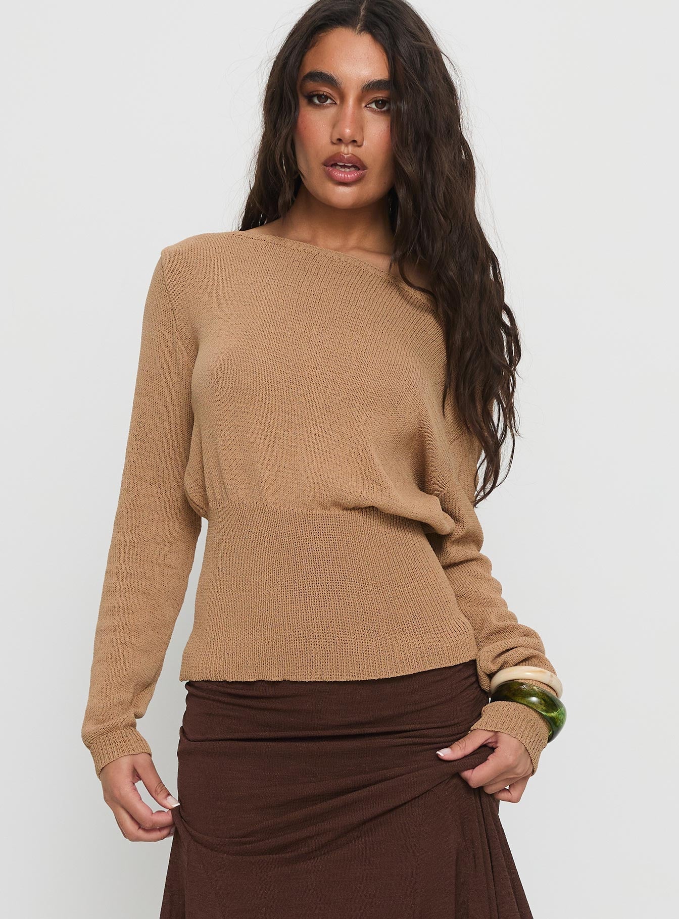 Xaria Off Shoulder Knit Sweater Tan