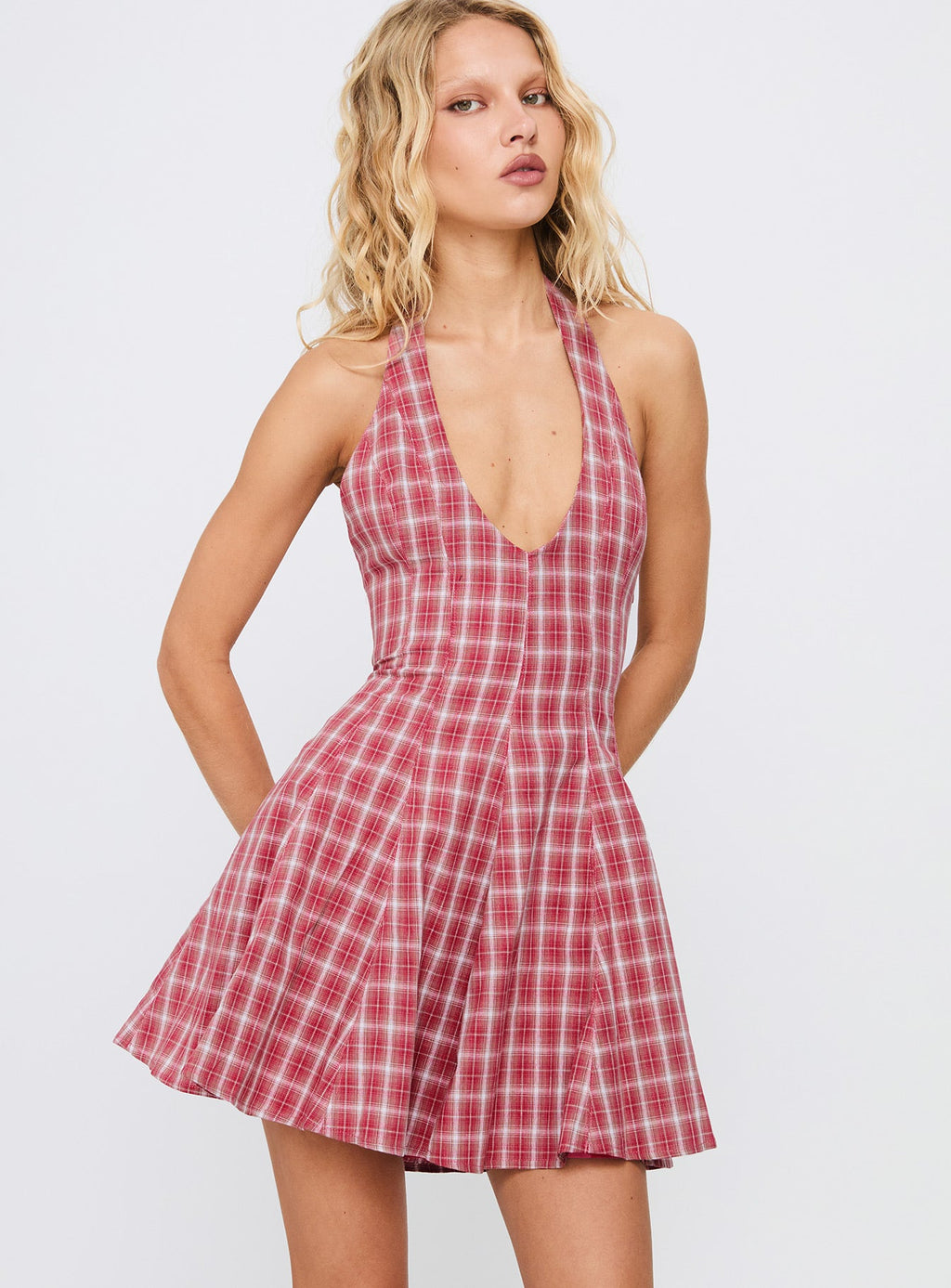 Out Of Nowhere Halter Mini Dress Red Check