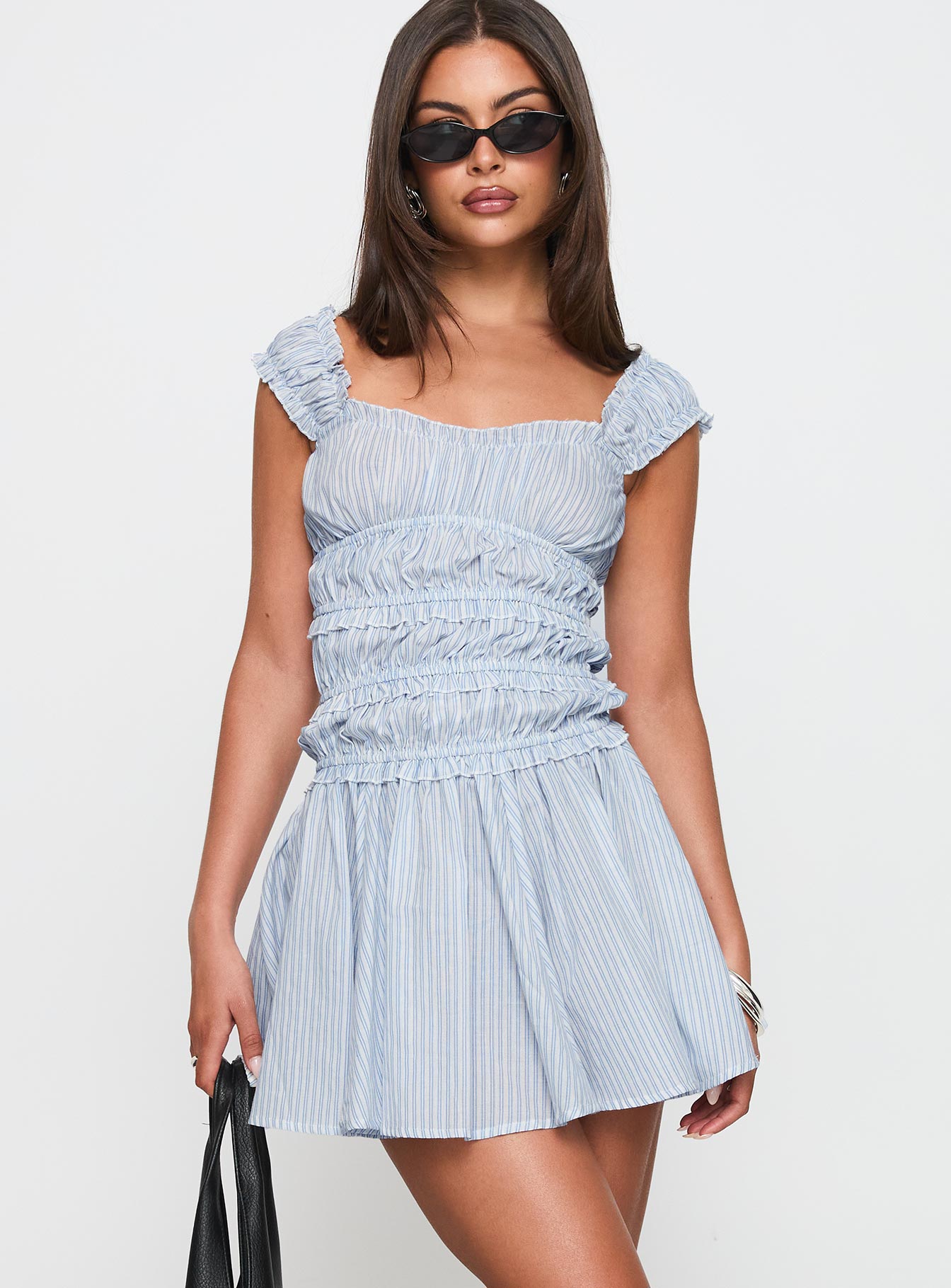 Wonderlust Shirred Mini Dress Blue Stripe