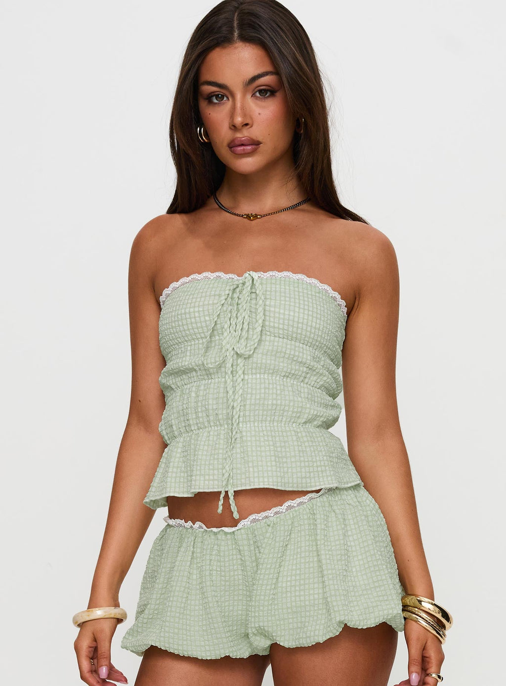 Short And Sweet Strapless Top Green Check
