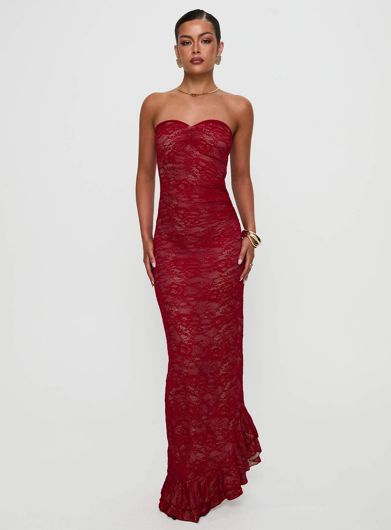 Hailees Lace Strapless Maxi Dress Red