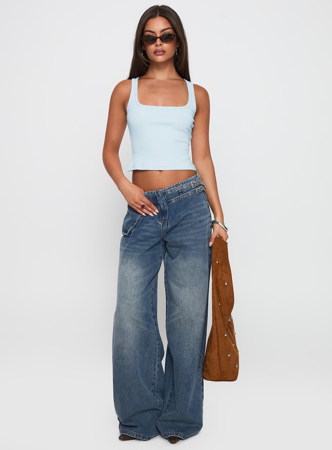Paltrow Mid Rise Wide Leg Cargo Jeans Mid Blue Wash