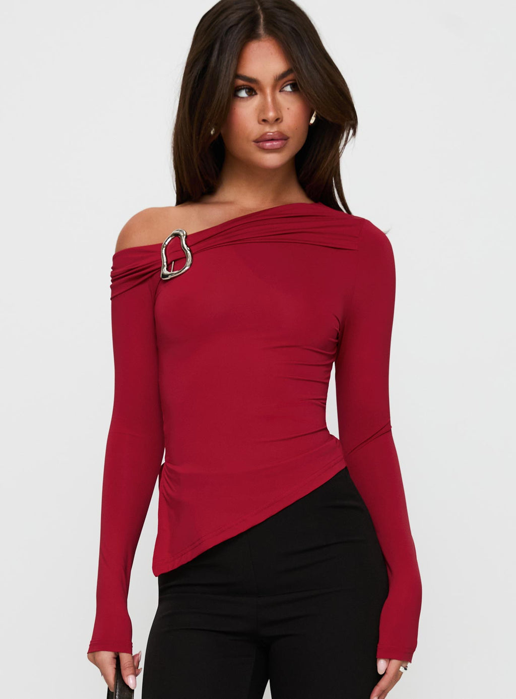 Donalla Off The Shoulder Hardware Detail Top Red