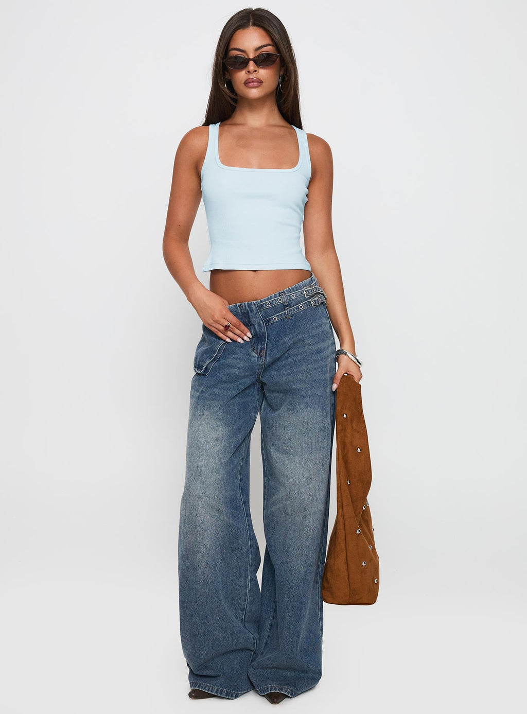 Paltrow Mid Rise Wide Leg Cargo Jeans Mid Blue Wash Petite