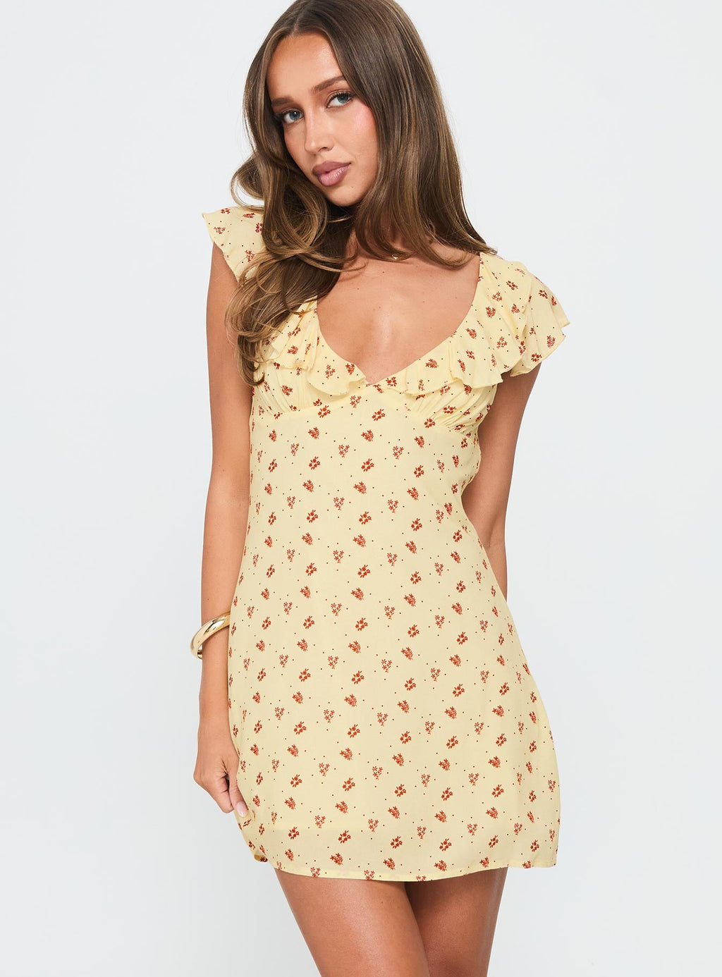 Just Me And You Frill Mini Dress Yellow Floral