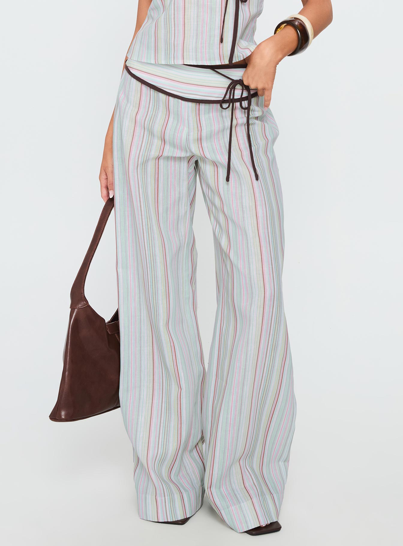 Taylar Thick Waistband Tie Pants Green Stripe