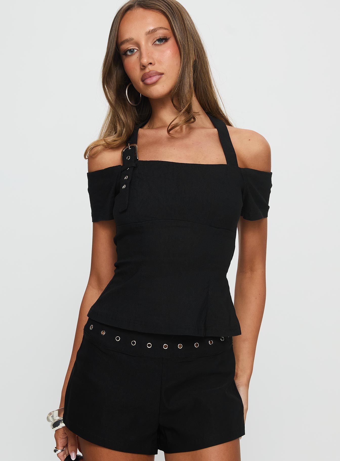 Elaini Buckle Off Shoulder Top Black