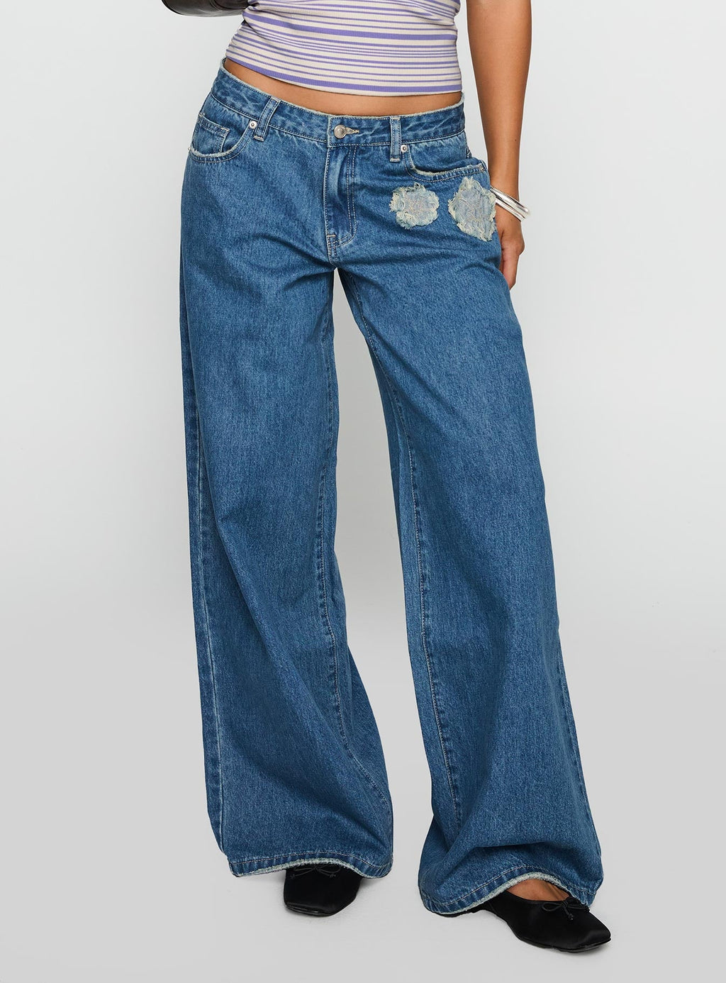 A Keeper Flower Patch Low Rise Wide Leg Jeans Mid Blue